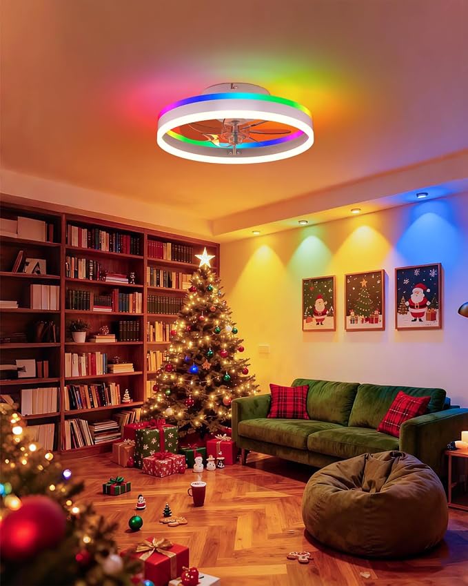 RGB Ceiling Fan with Lights, low profile ceiling fans with lights and remote, Flush Mount LED Fan Light, Modern Bladeless Fandelier for Bedroom Works with APP, 16IN White