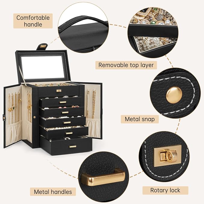 AKOZLIN 6-Tier Jewelry Box Organizer Functional 5 Drawers Leather Jewelry Storage Case for Women Girls Ring Necklace Earring Bracelet Holder Organizer with Mirror Medium Black