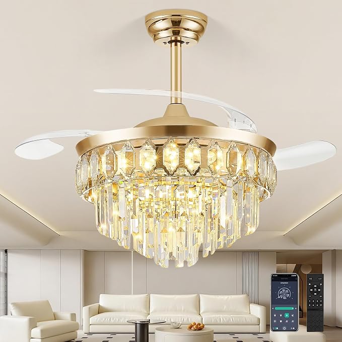 FIDGRA 48 Inch Fandelier Ceiling Fan with Light, Retractable Ceiling Fan with Lights Chandelier Fan for Bedroom, Living Room, 3 Color Temperature, 6 Wind Speed-Gold