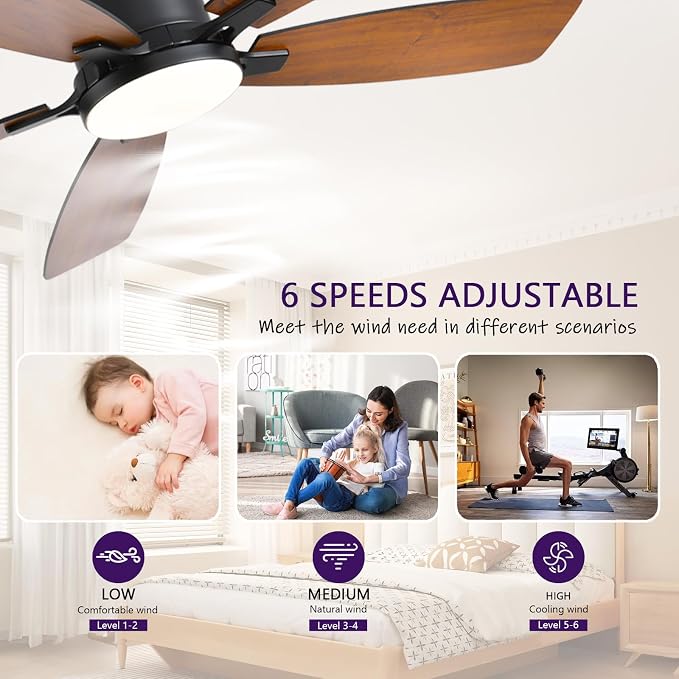 FUMLTP 52inch Ceiling Fans with Lights, Low Profile Ceiling Fan with Light and Remote Control/APP Control, Flush Mount, Reversible Motor, Dimmable, Noiseless, Brown Ceiling Fan for Bedroom (Brown)