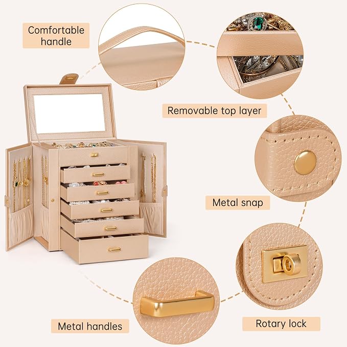 AKOZLIN 6-Tier Jewelry Box Organizer Functional 5 Drawers Leather Jewelry Storage Case for Women Girls Ring Necklace Earring Bracelet Holder Organizer with Mirror Medium Champagne