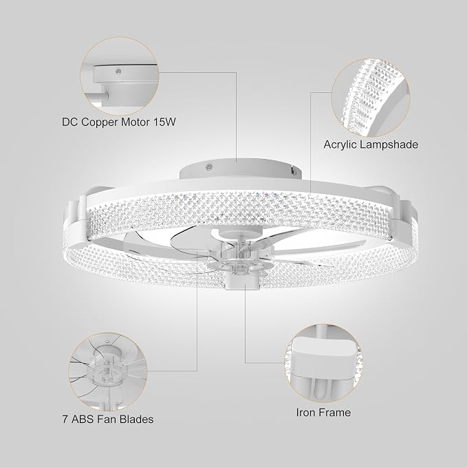 Garwarm 19.7" Ceiling Fans with Lights,Small Ceiling Fan with Lights and Remote, LED Dimmable 3000K–6000K LED Fandelier Flush Mount, DC Motor, for Bedroom, Kitchen, Office