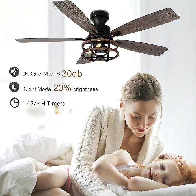 52" Flush Mount Farmhouse Ceiling Fan with Lights and Remote | Rustic Caged Fandelier Ceiling Fan, 5 Dual Blades Chandelier for Bedroom Living Room Dining Room, 3 E12 Bulbs (Not Included)