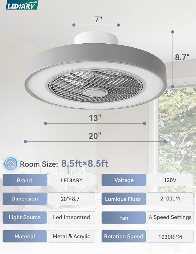 LEDIARY 20 Inch Low Profile Ceiling Fan with Light, Led Bladeless Ceiling Fan, Remote Control Enclosed Flush Mount Ceiling Fans with Timming, 3000-6000K, 6 Wind Speed, 3000LM, 57W-Grey RGB