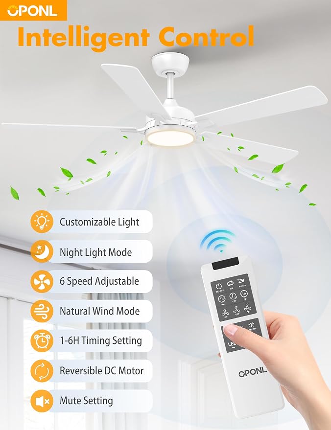 OPONL Ceiling Fan with Light, Ceiling fan with Light and Remote Control, Reversible, 6CCT, Dimmable, Noiseless, Ceiling Fan for Bedroom, Indoor/Outdoor Use, White, 52 inch, Classic