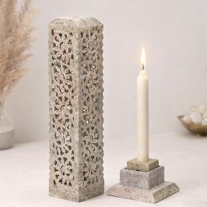 Carry Me Handmade Marble Soapstone Incense Stick Burner | Candle Stick Holder | Tea Light Stand - Perfect Incense Tower for Gifting. Decorative Home and Kitchen Decor (3 x 3 x 11 Inches)