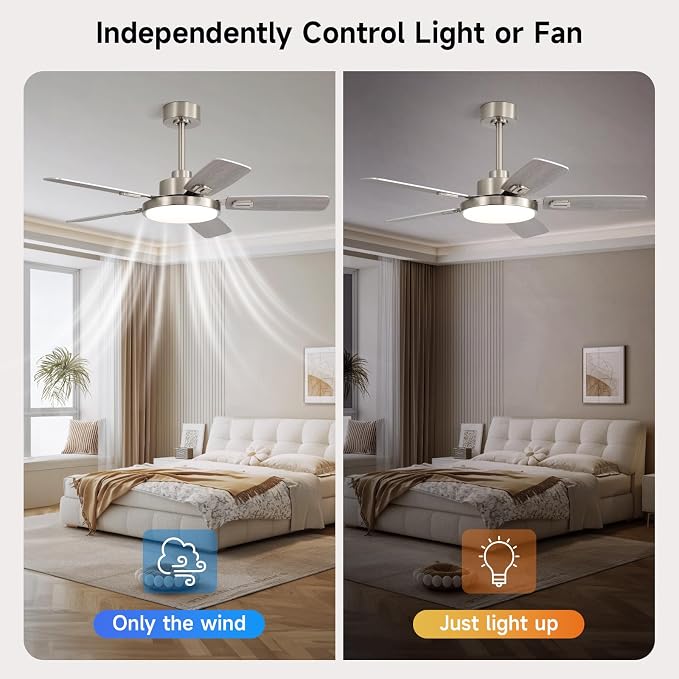 44 Inch Ceiling Fans with Lights and Remote for Bedroom Living Room Kitchen Office, Indoor/Outdoor Use, 5CCT Dimmable, Dual Color 5 Blades, 6 Speed Reversible Quiet DC Motor, Sand-nickel/Wood Grain