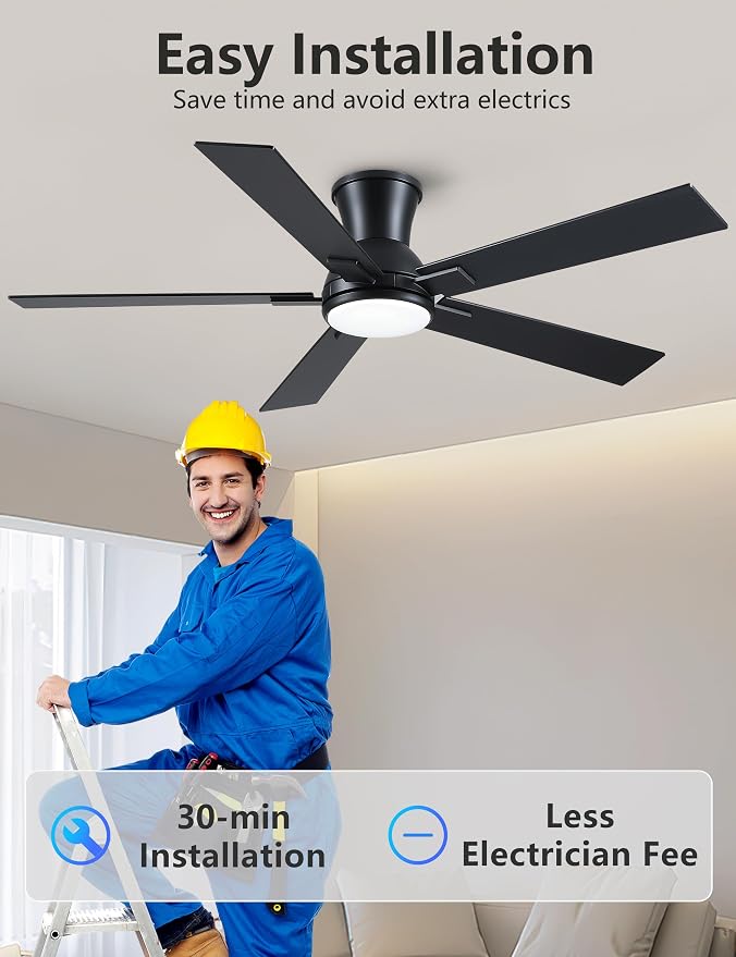 52 Inch Black Flush Mount Ceiling Fan with Light, 3CCT Dimmable LED, 6-Speed Remote Control, Reversible Motor,Quiet Low Profile Energy-Efficient for Bedroom & Living Room,ETL Listed