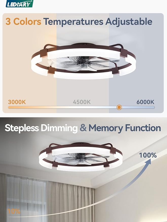 LEDIARY 24" Ceiling Fans with Lights and Remote, Modern Low Profile Ceiling Fan, 3 CCT, Stepless Dimmable, Fandelier Flush Mount Fan Light, 6 Speeds, DC Motor, App & Remote Control for Bedroom(Brown)