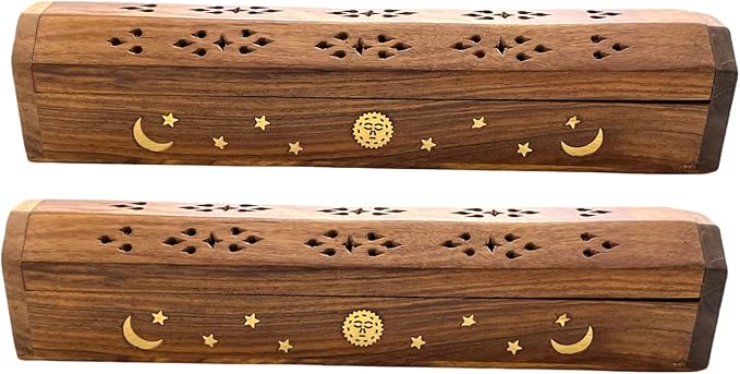 2 Pack Wooden Coffin Incense Sticks Burner - 12 Inches Brass Inlays - Storage Compartment (Sun Moon Star)