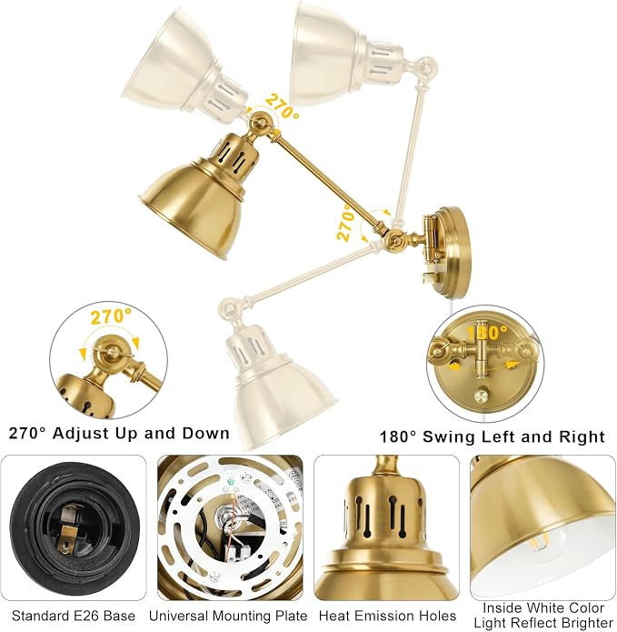 GOODATE Plug in Wall Sconces Set of Two with Remote, Stepless Colors 2700K-6500K & Stepless Dimming, Premium Golden Finish, Plug in Wall Light with Night Light & Timer, LED Bulbs Included