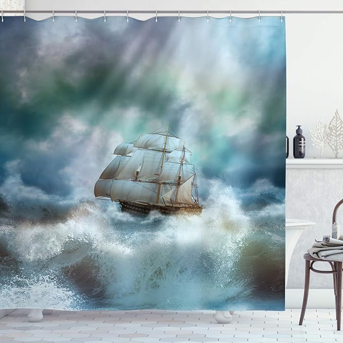 Ambesonne Ocean Shower Curtain, Majestic Nautical Sealife and Pirate Boat Ship on a Wavy Deep Sea Art Print, Cloth Fabric Bathroom Decor Set with Hooks, 69" W x 84" L, Blue Grey and White