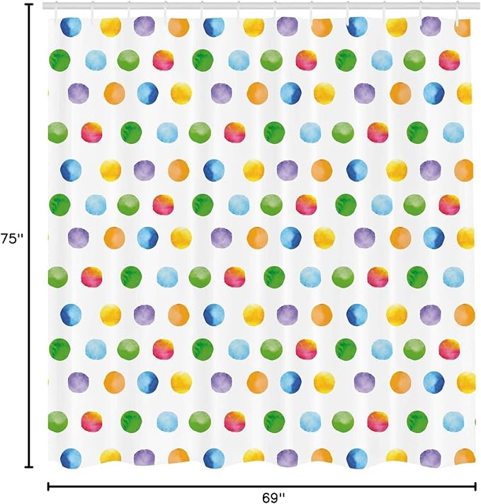Ambesonne Abstract Shower Curtain, Big Polka Dots Colorful Circles Watercolor Paintbrush Modern Art, Cloth Fabric Bathroom Decor Set with Hooks, 69" W x 75" L, Multicolor White