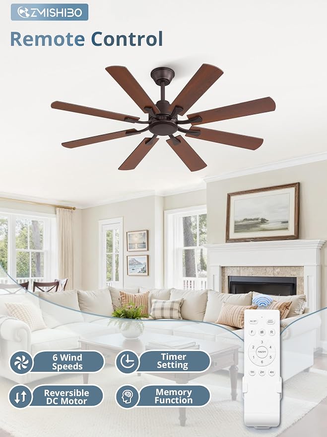 ZMISHIBO 52 inch Ceiling Fan no Light, 8 Blades Oil Bronze Ceiling Fans without lights, Quiet Rerverible DC Motor, 6speeds, for Bedroom, Living Room, Home Office and Patio