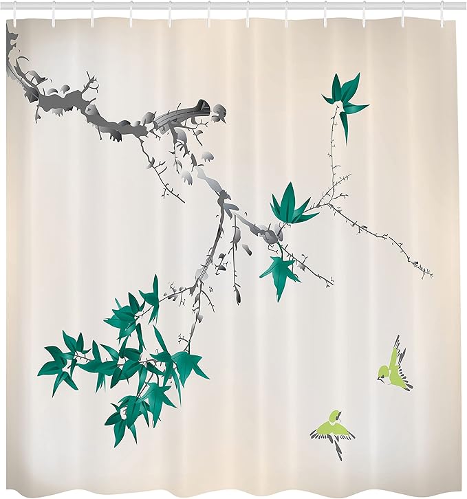 Ambesonne Japanese Shower Curtain, Cherry Blossom Sakura Tree Branches Romantic Spring Themed Watercolor Picture, Cloth Fabric Bathroom Decor Set with Hooks, 69" W x 75" L, Dark Seafoam