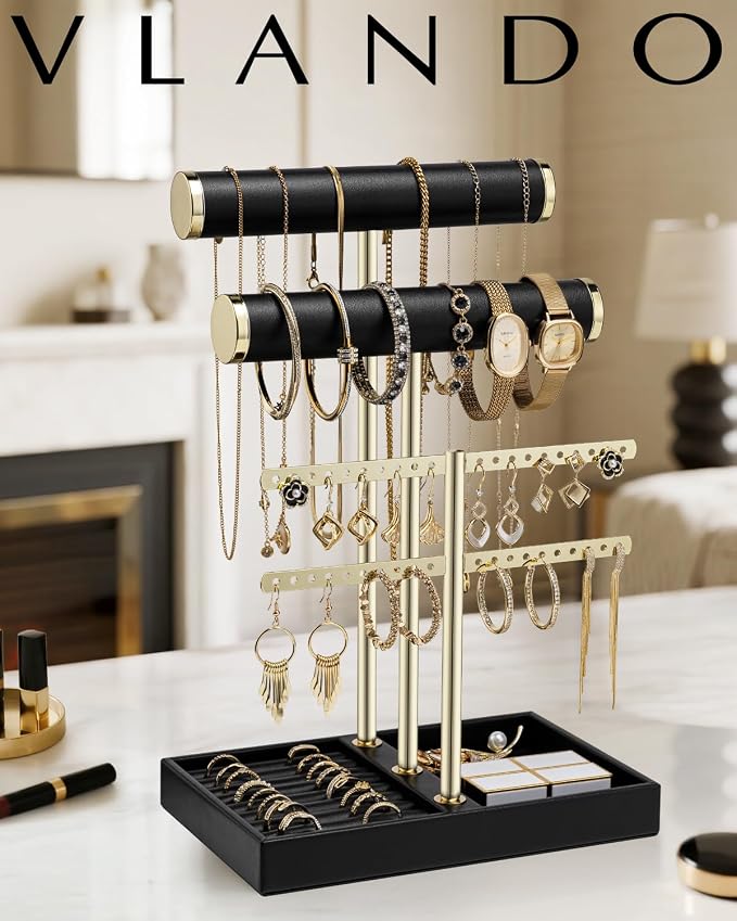 VLANDO 3 Tier Necklace Holder Organizer with Tray, Leather Bracelet Holder Display for Women, Gold Jewelry Stand for Bracelet, Necklace, Earrings, Rings - Black