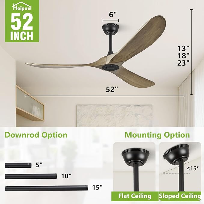 Haipeel 52 Inch Ceiling Fans Without Lights, Wood Ceiling Fan no Light with Remote Control and DC Motor, Indoor Outdoor Ceiling Fan for Patios Farmhouse Propeller Ceiling Fans 3 Blades, Bronze Gray