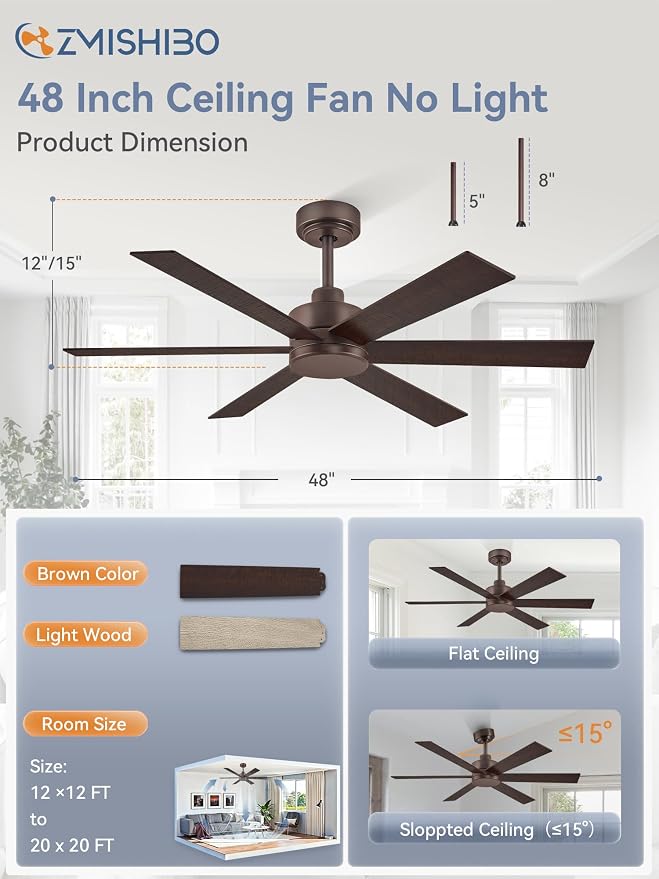 ZMISHIBO 48 Inch Ceiling Fans Without Lights, Farmhouse Ceiling Fan, 6 Blades, Quiet Reversible DC Motor, 6-Speeds, Brown Ceiling Fan With Remote for Living Room, Bedroom, Garage, Indoor/Outdoor Use