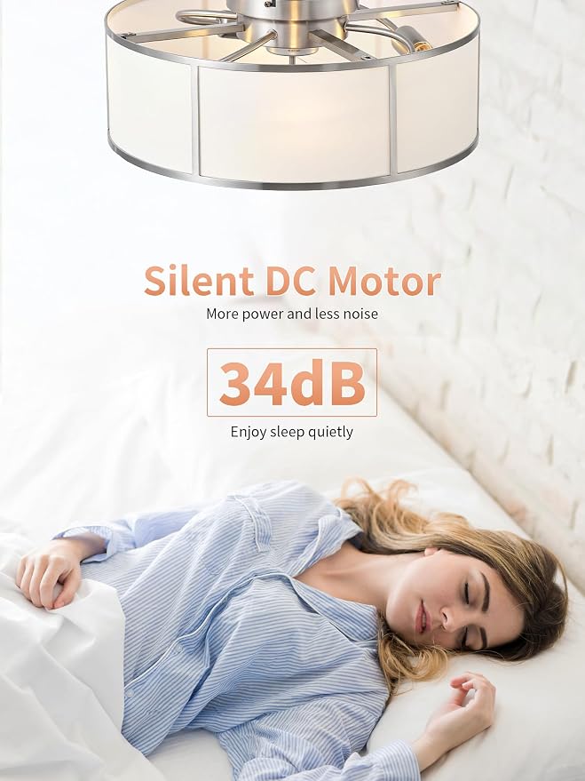 Low Profile Ceiling Fans with Lights, 20" Flush Mount Ceiling Fan with Light, Silver and White Boho Bladeless with 6 Speeds Remote Control for Bedroom, Nursery, Living Room