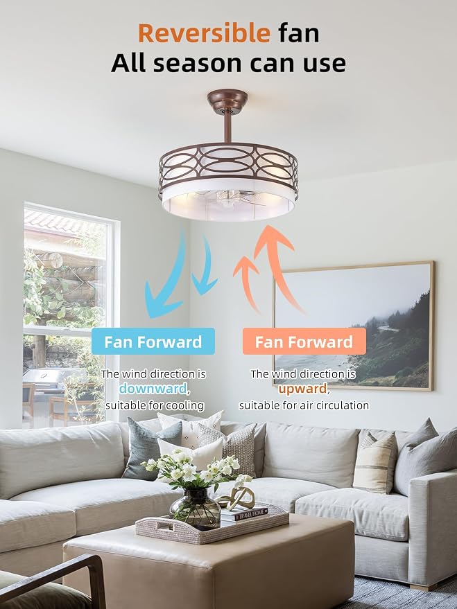 20" Brown Farmhouse Ceiling Fan with Light, Caged Fandelier Ceiling Fans with Lights Remote Control with 6 Speeds for Bedroom, Living Room, Nursery
