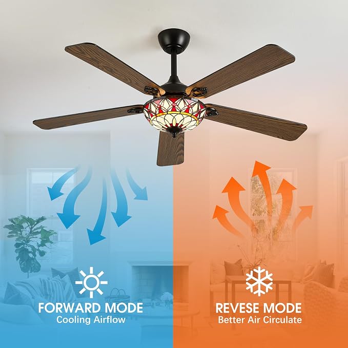 52" Tiffany Style Ceiling Fans with Lights, Vintage Chandelier Ceiling Fan with Stained Glass Shade, Dimmable LED, 6 Speeds Reversible for Bedroom (Red Petal)