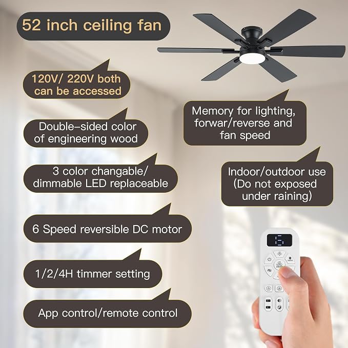 Ceiling Fans with Lights and Remote Control, Black Low Profile Ceiling Fan with Light 3-Color LED Dimmable, Memory for Lighting, Fan Reversible and Fan Gear, 6-Speed, Timer, Indoor/Outdoor Use