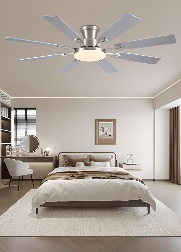 JSAITEE 60Inch Ceiling Fan with Lights Large Low Profile Flush Mount Nickel | Ceiling Fans,DC Reversible Motor Noiseless, 3CCT Dimmable, Dual Finish, 6 Speeds Ceiling Fan for Indoor/Outdoor,Nickel