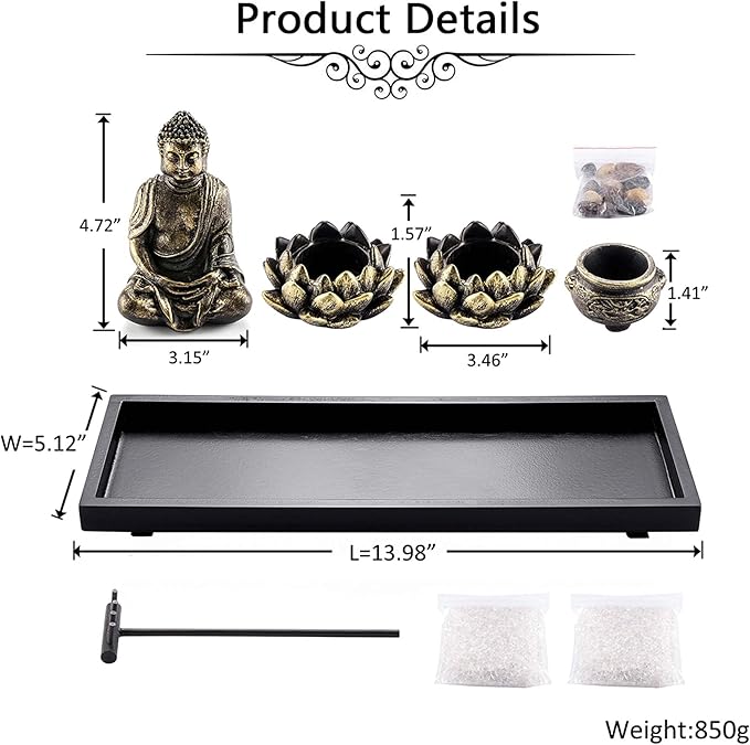 Jovivi Zen Garden Set Buddha Statue 2 Lotus Tealight Candle Holders, Mallet & Rocks and Crystals & Incense Burner Stick Holder Bowl & Wood Tray for Yoga Meditaion Home Table Decor Gift