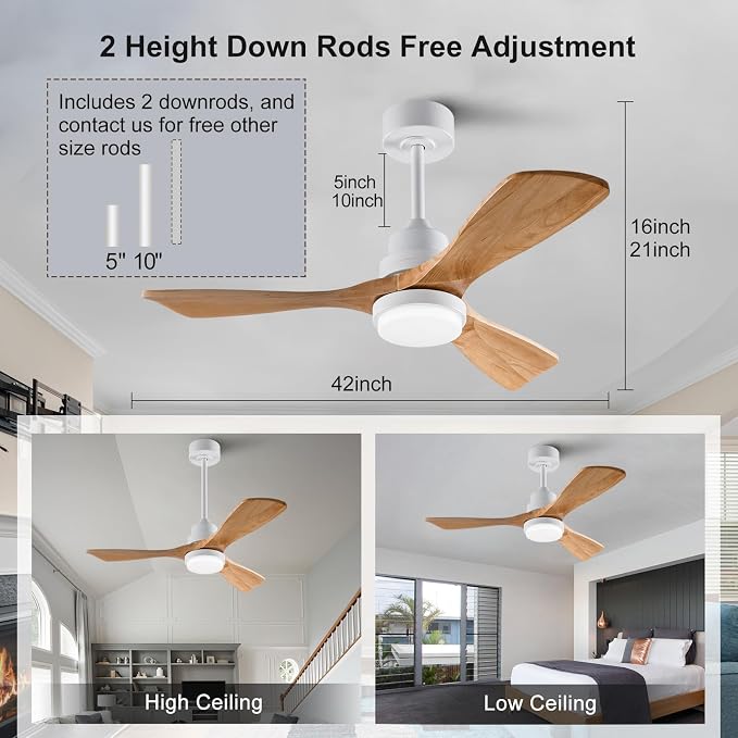 42 Inch White Ceiling Fans with Lights and Remote,Dimmable LED Light,Quite Reversible DC Motor,Memory Function,Modern Solid Wood Indoor Outdoor Ceiling Fan with Light for Farmhouse Bedroom Patio