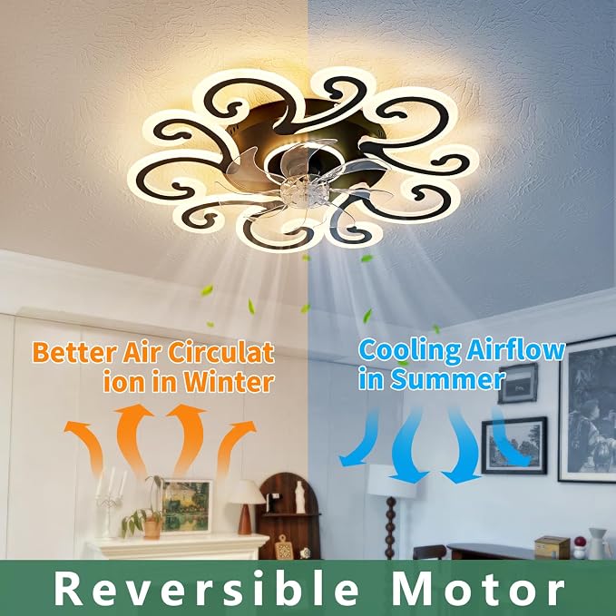 Black Flower Modern Ceiling Fans with Lights, Low Profile Ceiling Fan with Remote for Bedroom, Flush Mount Ceiling Fan with LED Dimmable Light,6-Speeds, Timing CeilingFan Light-yun