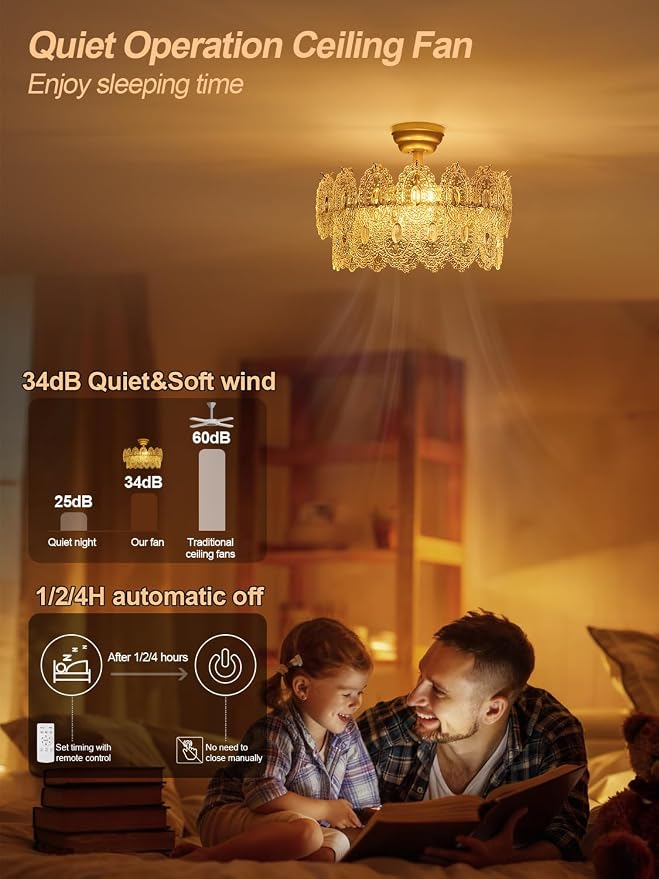 20" Gold Fandelier Ceiling Fans with Lights, Crystal Chandelier Ceiling Fans with Lights Remote Control, Mid Century French Caged Fandelier with 6 Speeds for Bedroom, Living Room