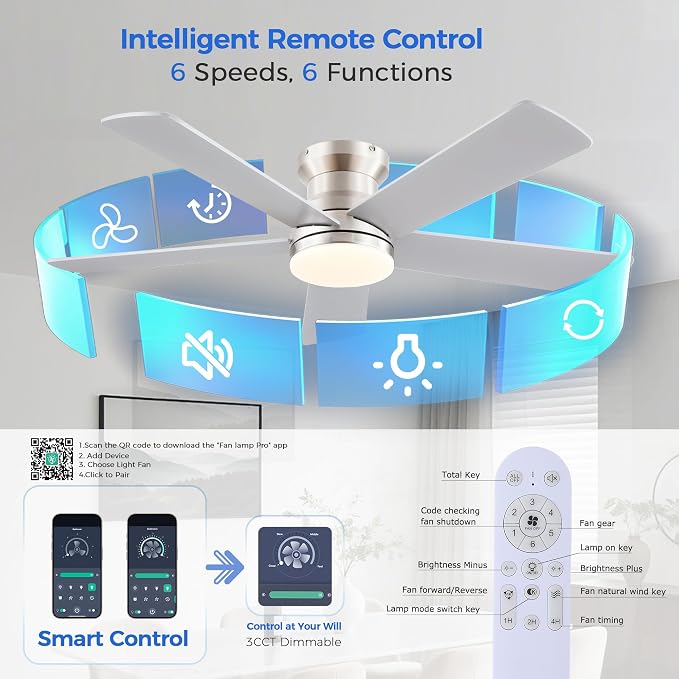 Ayaoty Flush Mount Low Profile Ceiling Fans with Lights - Modern Ceiling Fan with LED Dimming, Timer, 6Wind Speeds, Indoor Fan Light Fixture for Bedroom, Kitchen, Nickel