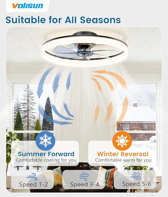 VOLISUN Low Profile Ceiling Fans with Lights and Remote, 24in Fandelier Ceiling Fan Flush Mount, 3000K-6500K Smart Bladeless LED Fan Light, Black Modern Ceiling Fans with Lights for Bedroom