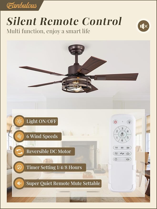 Fanbulous Farmhouse Ceiling Fans with Light, 42 Inch Bedroom Ceiling Fan with Lights, 6-Speed Adjustable, Quiet and Reversible DC Motor, 5 Dual Finish Blades, Rustic Caged Ceiling Fan，Oil Bronze