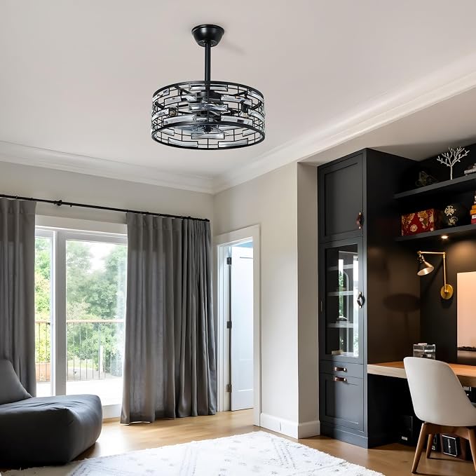 Crystal Caged Ceiling Fans Lights: 18.9'' Semi Flush Mount Fandelier Farmhouse with Remote, 6 Speeds, Timing, Black Industrial Chandelier Ventilador de Techo for Bedroom Kitchen Living Dining Room