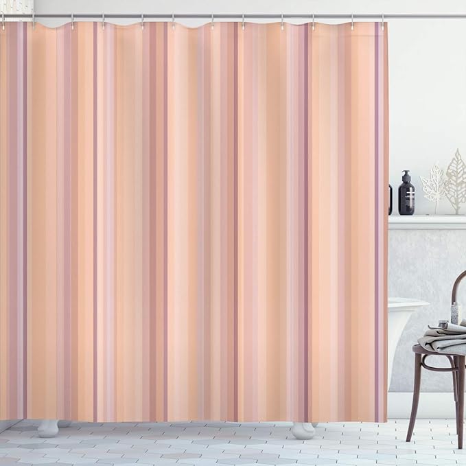 Ambesonne Stripes Shower Curtain, Abstract Ocean Inspired Palette Lines Geometrical Image Illustration, Cloth Fabric Bathroom Decor Set with Hooks, 84" Long Extra, Peach Fuchsia