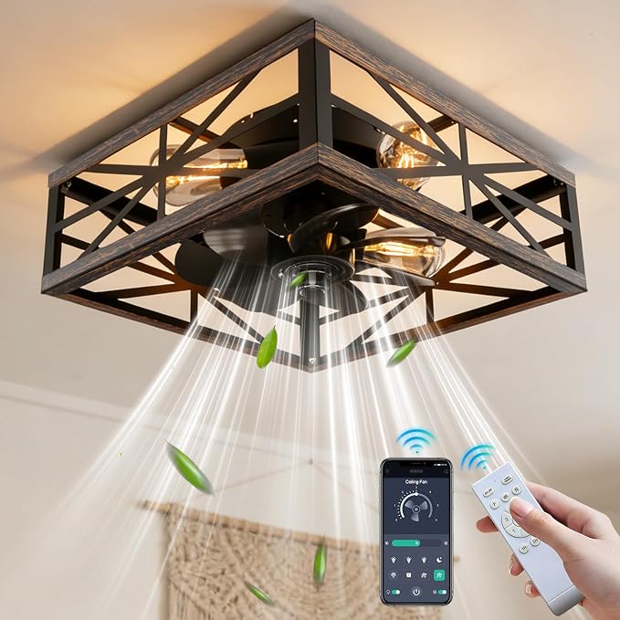 16" Caged Ceiling Fan with Light and Remote App Control, Rustic Square Flush Mount Low Profile Ceiling Fandelier Lights, 6 Speed and Reversible, Farmhouse Industrial Style for Bedroom, Kitchen