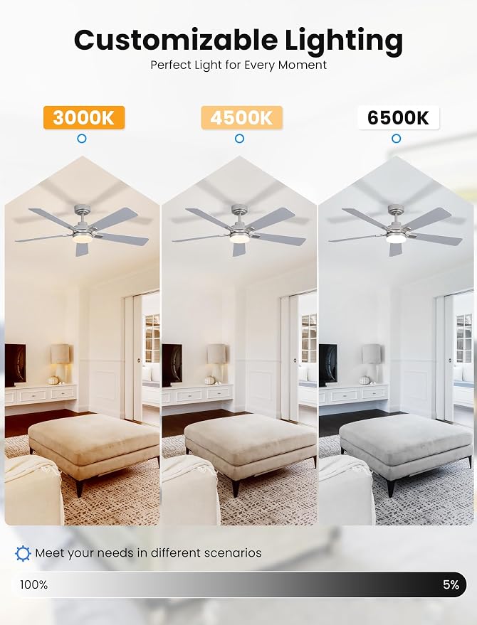 52 Inch Ceiling Fan with Lights and Remote, Downrod Mount, Sloped Ceiling Compatible up to 15°, Quiet Reversible DC Motor, 3CCT Dimmable LED, Nickel Ceiling Fan for Bedroom Living Room