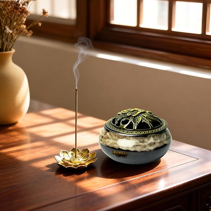 Ceramic Incense Burner, Bowl Burner,Cone Incense Burner with Brass lid for use with Stick or Cone-Shaped Incense，Lotus Incense Stick Holder Calabash Incense Stick Holder, 3pc (Fambe White)