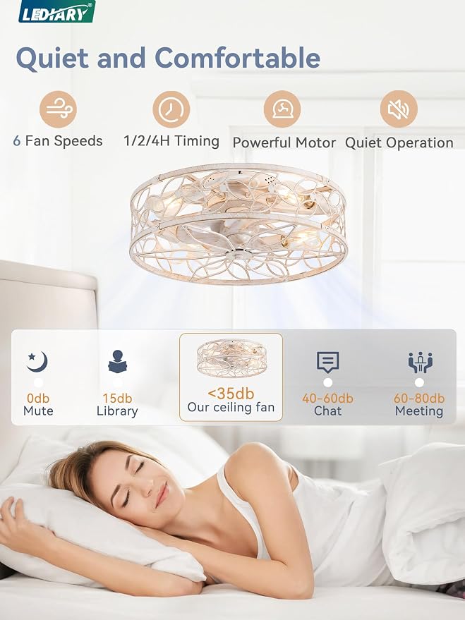 LEDIARY 20 Inch Caged Ceiling Fans with Lights, White Flush Mount Ceiling Fan with Remote&App, Low Profile Bladeless Ceiling Fan Light Fixture for Bedroom, Kitchen, Dining Room-White Gold Color