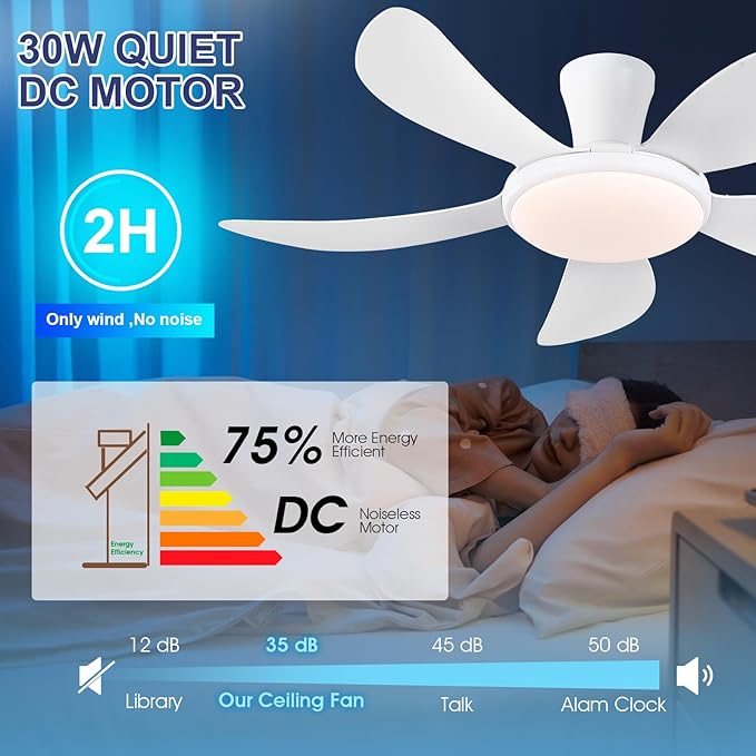 PHORUS 48"Black Low Profile Flush Mount Ceiling Fans with Lights and Remote | Supports Remote and APP, 6 Wind Speeds, Reversible, Dimmable 3 CCT LED, 30WNoiseless DC Motor,Timer, for Bedroom Kitchen