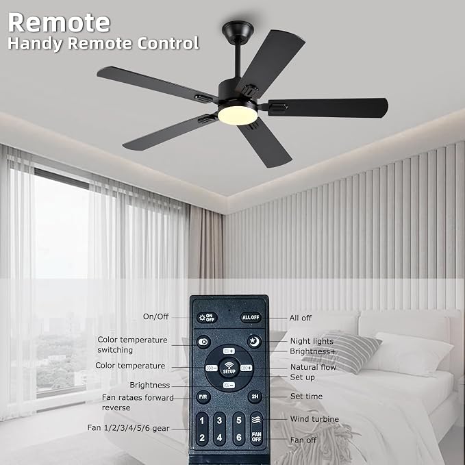 FUMLTP 52 inch Modern Ceiling Fans with Lights APP/Remote Control, Low Profile Reversible 6 Speeds Ceiling Fan Light for Indoor/Outdoor Patio Bedroom Living Room,Black