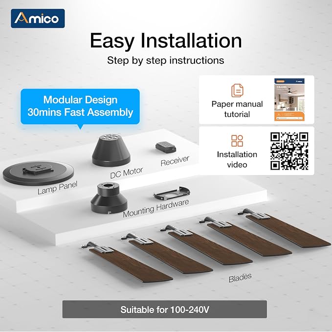 Amico Ceiling Fans with Lights, 52 inch Smart Ceiling Fan with Remote/APP/Alexa Control, Flush Mount, Reversible DC Motor, 5 Blades, 6 Speeds, 3CCT, Dimmable, Noiseless, Bedroom, Living Room, Black