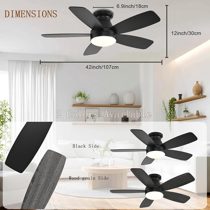 FUMLTP 42inch Ceiling Fans with Lights, Low Profile Ceiling Fan with Light and Remote Control, Flush Mount, Reversible DC Motor, Dimmable, Quiet, Black Small Ceiling Fan for Bedroom Indoor/Outdoor Use
