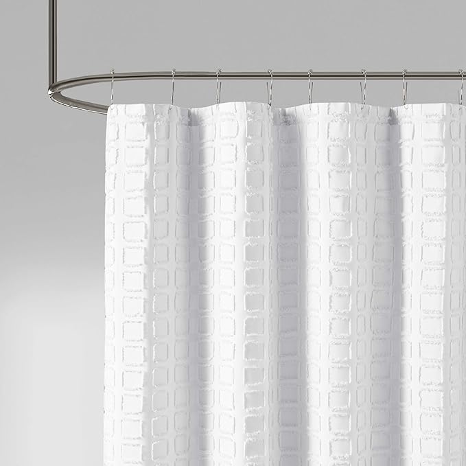 Madison Park Metro Bathroom Shower, Textured Woven Clipped Design Modern Mid-Century Privacy Bath Fabric Curtains, 72"x72", White (MP70-6707)