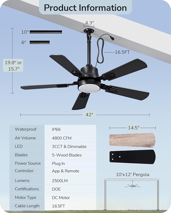 EDISHINE 42" Outdoor Ceiling Fan with Light, IP66 Waterproof Gazebo Hanging Fan, 4800 CFM, 3CCT, APP/Remote Control, 5 Wood Blade, 6-Speed Winds, Plug in Ceiling Fans for Patios Porch Pergola, Black