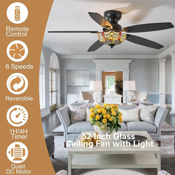 Tiffany Ceiling Fans with Lights - 52" Ceiling Fan Chandelier with 5 Dual-Blades and Glass Shade, 6 Speeds and Reversible, Indoor and Outdoor, Retro Style