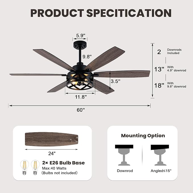 Dawn Whisper 60 Inch Farmhouse Ceiling Fans with Lights and Remote Large Black Caged Rustic Chandelier Ceiling Fan for Bedroom Living Room Quiet and Reversible DC Motor 6 Speeds