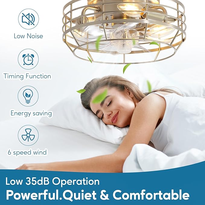 Caged Ceiling Fan with Light and Remote, Flush Mount Fan Lights Ceiling Fixture, Modern Bladeless 12 in 6 Speeds Fans with Lights for Kitchen, Bedroom, Living Room, Brushed Nickel