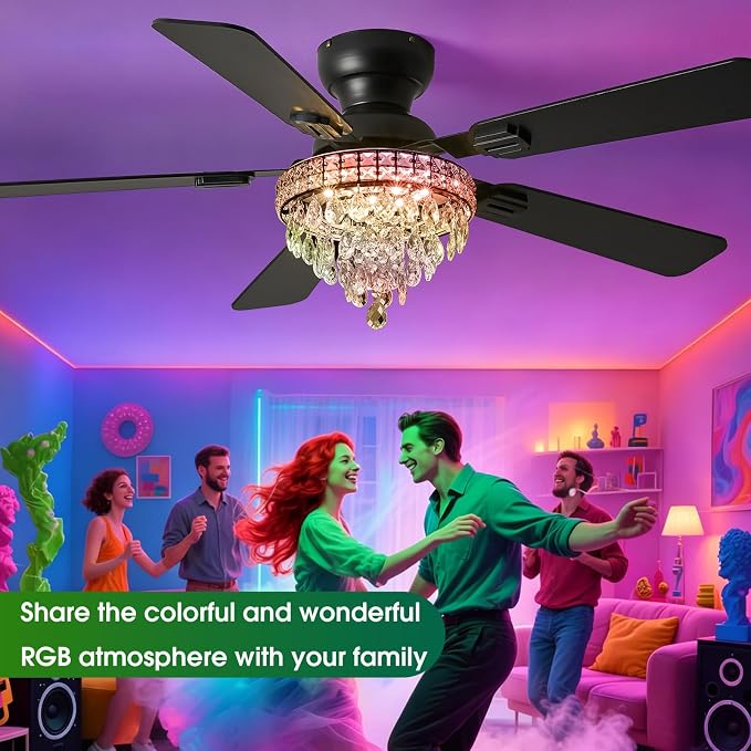 52“ Crystal Ceiling Fans with RGB Lights, Remote/App Control, Modern Fandelier Ceiling Fan Flush Mount, Reversible DC Motor, Dimmable, Bedroom Chandelier Fan, (Black)